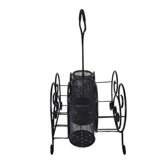 Vintage Black Metal Mesh Scroll Tabletop Utensil Napkin Buffet Caddy Organizer - Picture 4 of 14